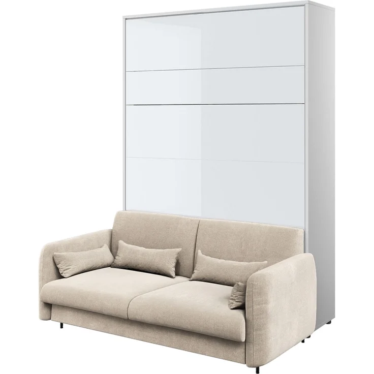 MEBLINI Schrankbett BC-01 - 140x200cm Vertikal - Weiß Hochglanz/Beige - mit Sofa - Wandbett mit Lattenrost - Klappbett mit Schrank - Wandklappbett - Murphy Bed – Bild 1