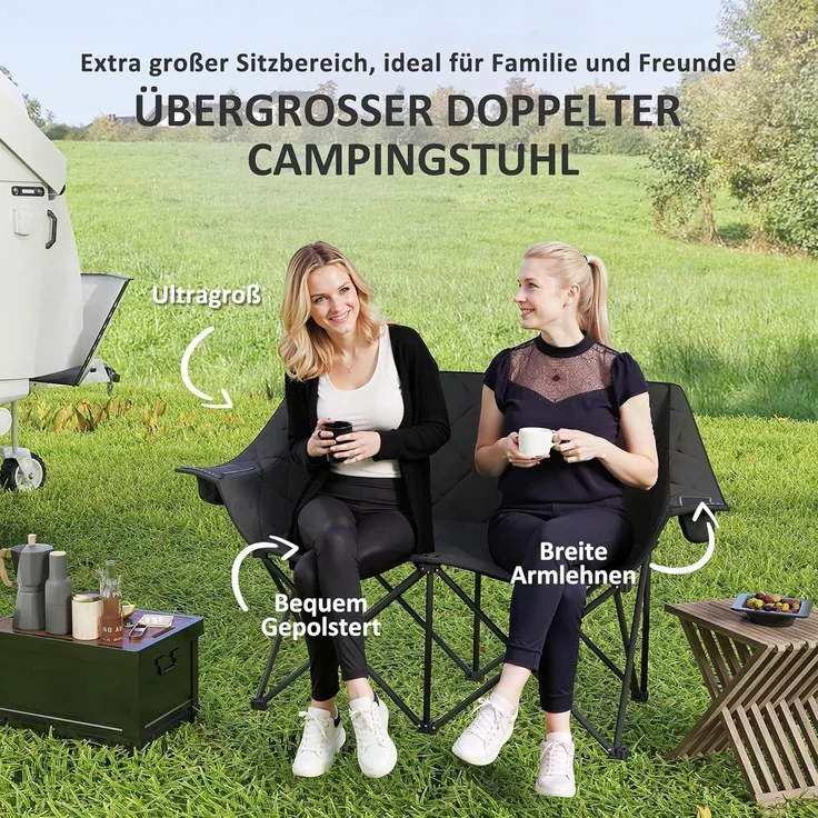 Outsunny Campingstuhl mit Kühltaschen, Tragetasche (2 Sitzer Faltstuhl, 1 St), bis 250kg belastbar, für Garten Camping Strand – Bild 5