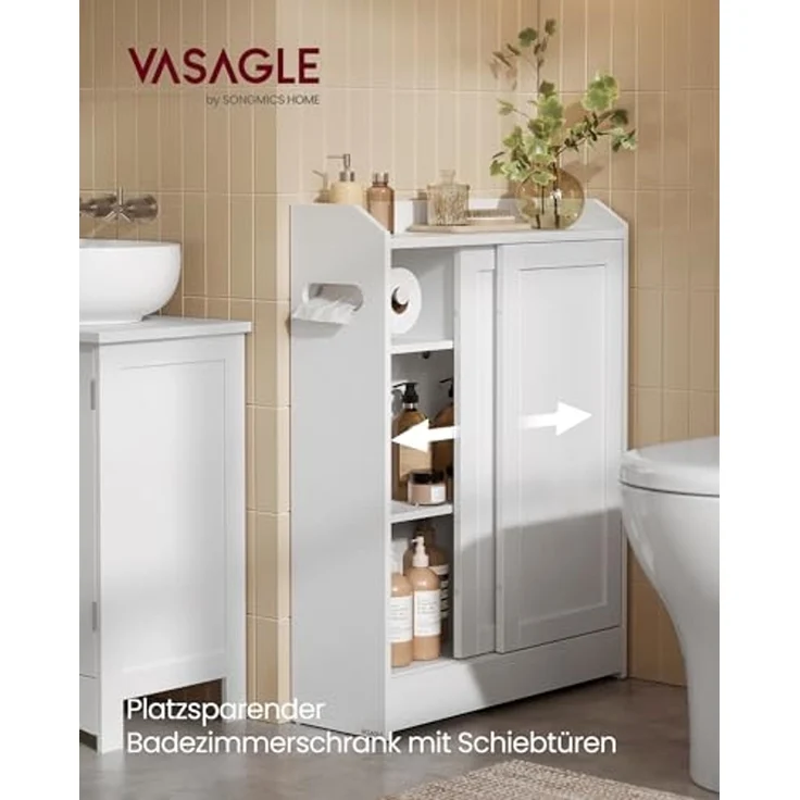 Vasagle Badezimmerschrank, Badschrank platzsparend, Toilettenrollenhalter, Toilettenbürstenhalter, Schiebetüren, verstellbare Einlegeböden, neben der Toilette, 20 x 60 x 80 cm, wolkenweiß BBC752W01 – Bild 4