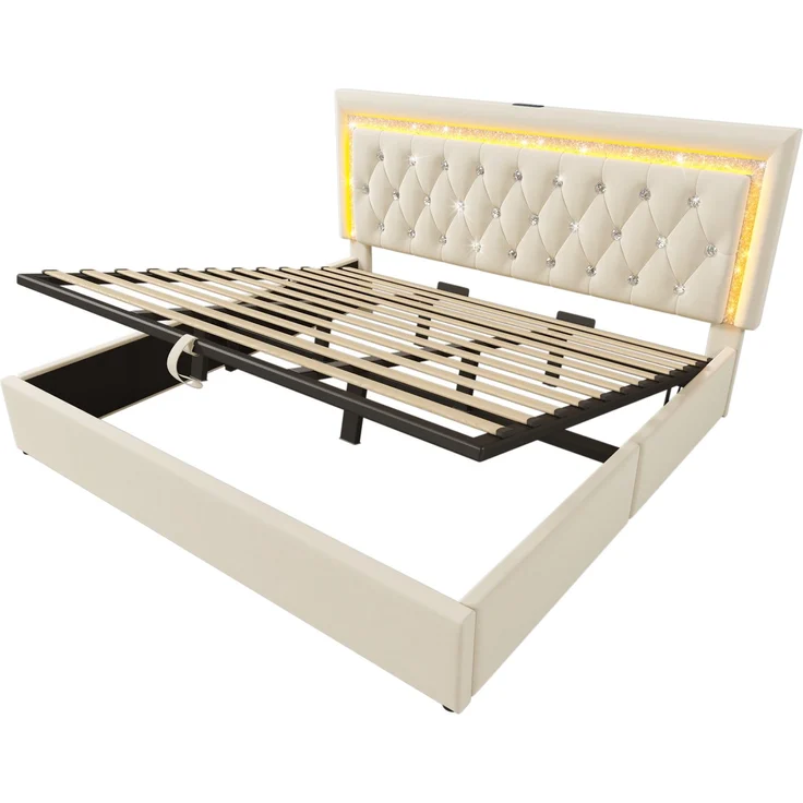 Polsterbett Doppelbett Samt mit LED-Diamantstreifen, USB & Type-C Ladestation, hydraulischem Stauraum Beige H 104 cm x T 209 cm x B 187 cm – Bild 10