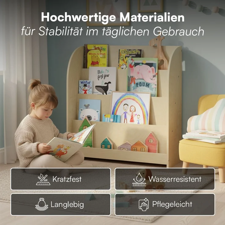 Bellabino 'Baru' Kinderbücherregal, Holz, natur unbehandelt, 88x30x80 cm, Montessori Kinderregal mit 4 Ablagefächern – Bild 5