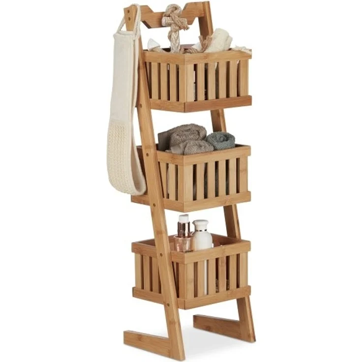 Relaxdays Badregal mit 3 Körbe, Bambus natur, 23 x 20 x 77 cm – Bild 1