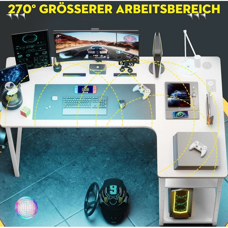 COMHOMA Schreibtisch Gaming Tisch mit Regal, Eckschreibtisch mit USB-Ladeanschluss und Steckdose, 140cm Computertisch L Form, PC Tisch für Büro, Heimbüro (weiß-120CM) – Bild 3