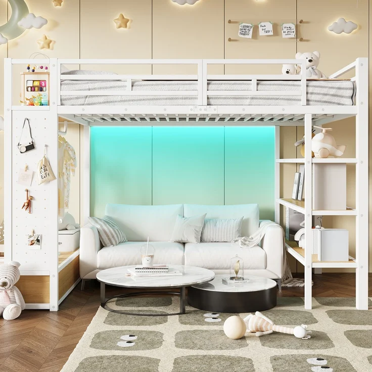 EINHOM Hochbettgestell 140 x 200 cm mit Offenem Kleiderschrank, Metall-Hochbett mit Ablagefächern, Lochwand und LED-Beleuchtung, Weiß (Ohne Matratze) – Bild 3