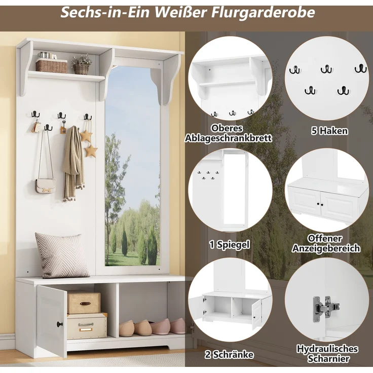 Flieks Garderobe 100 x 40 x 180 cm mit Spiegel, Schuhbank, 5 Haken, 2 Schränken und Regalfächern, Weiß – Bild 6