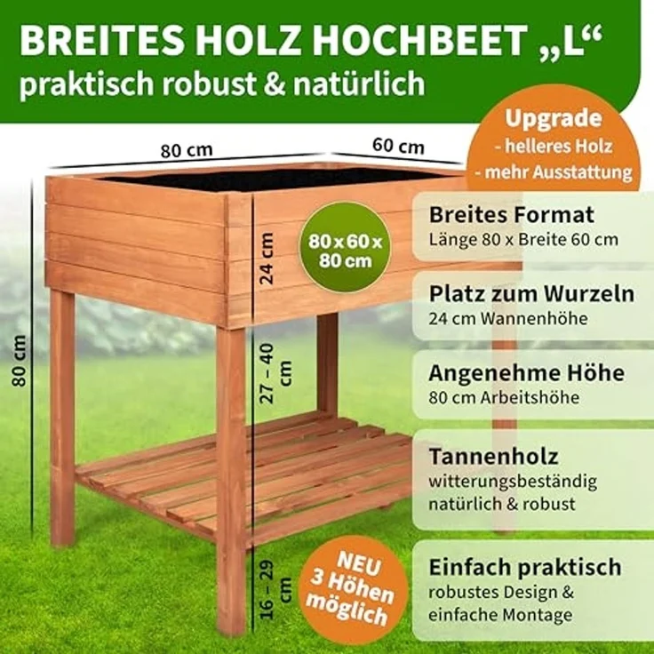 TTL GARDEN Balkon Hochbeet L 80 x 60 x 80 cm aus Holz - Pflanzkasten & Blumenkasten mit Ablageboden & Folie - Tannenholz wetterfest - Pflanzbeet Kräuterbeet Blumenbeet für Garten Balkon Terrasse - Braun – Bild 2