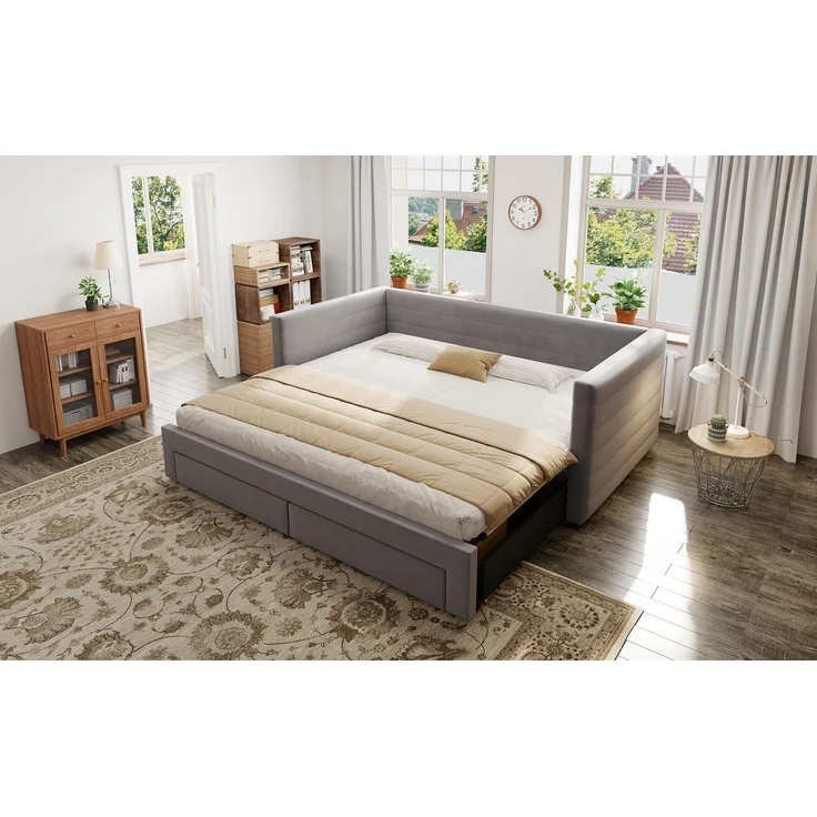 Merax Einzelbett Polsterbett 90 x 190cm/180 x 190cm Schlafsofa mit Ausziehbett, Tagesbett Daybett mit 2 Schubladen, Sofabett mit Lattenrost, Veloursstoff, grau – Bild 5
