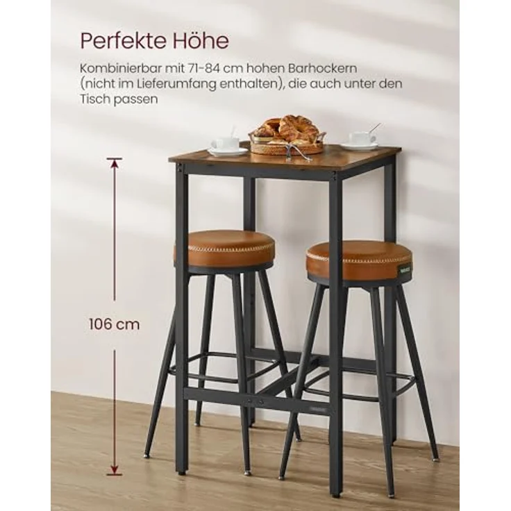 VASAGLE Bartisch, Stehtisch, Küchentisch, hoch, mit Stahlgestell, 60 x 60 x 106 cm, einfache Montage, für Küche, Wohnzimmer, Industrie-Design, vintagebraun-schwarz LBT035K01 – Bild 4