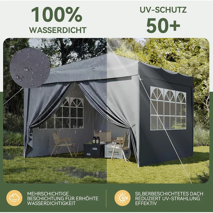 Aoxun Pop Up Pavillon 3x3 Wasserdicht mit 4 Seitenwänden, Metallrahmen-Schutzzelt, Höhe Verstellbar, 3mx3m Faltpavillon mit Tragetasche für Camping Party, Grau – Bild 3