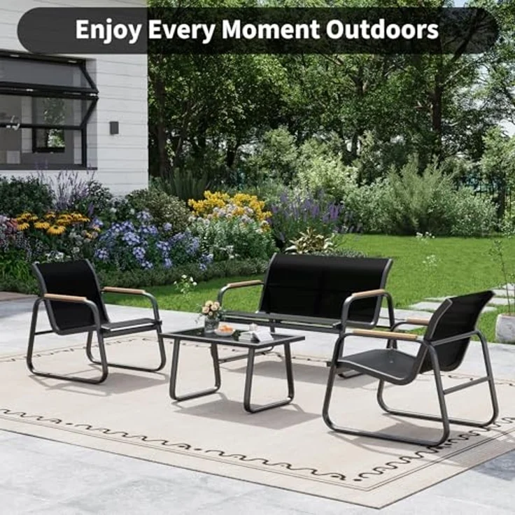 GarveeHome Gartenmöbel Set 4-TLG, Textilene Balkonmöbel Set mit Tisch, Sofa und 2 Stühlen, Stahl, Sitzgruppefür Garten, Balkon, Außen – Bild 4