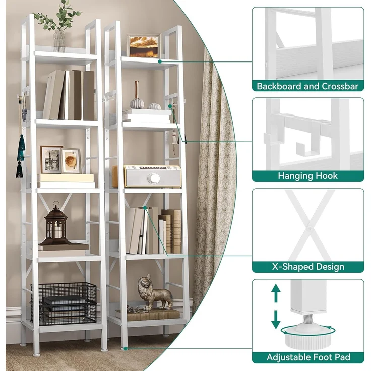 YITAHOME Schmal Bücherregal mit 5 Ebenen 35 cm Breit, Industrielles Leiterregal Standregal Holzregale und Metallrahmen, Modernes Regal für Wohnzimmer, Büro, reinweißes – Bild 6