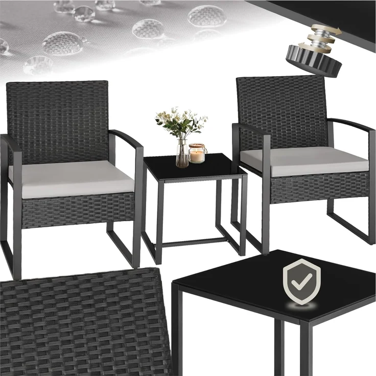 tectake® Rattan Sitzgruppe 2X Sessel mit Tisch, Balkon Möbel Set, Gartenmöbel, Balkonmöbel, Lounge klein, Stühle mit Polster inkl. Gartentisch Outdoor, wetterfest – Bild 1