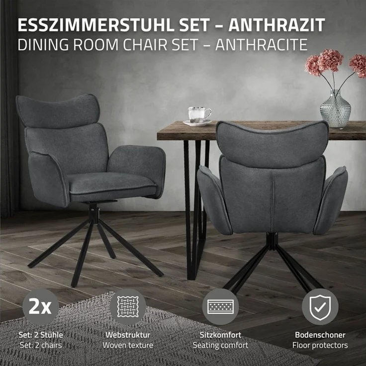 ML-DESIGN Polsterstuhl Drehstuhl mit Armlehne & Rückenlehne Ergonomische mit Metallbeine (2 St), Armlehnstuhl 2er Set Anthrazit aus Polyester 360° Drehbar Sessel – Bild 2