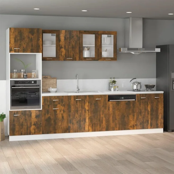 vidaXL Hängeschrank Glas, Wandschrank für Küche, Küchenschrank Wandmontage mit viel Stauraum, Schwebeschrank Schrank Küchenmöbel, Räuchereiche Holzwerkstoff – Bild 2