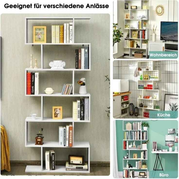 COSTWAY Bücherregal Holz, Standregal mit 6 Ebenen, Aktenregal für Pflanzen & Bücher, Wandregal inkl. Befestigungsmaterial, Aufbewahrungsregal S-Form, Büroregal Farbwahl (weiß) – Bild 4