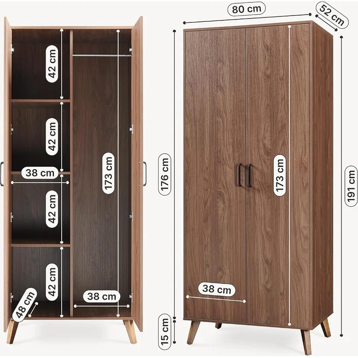 Kleiderschrank Norg 191x80x52 cm 2 Türen 4 Fächer Walnussoptik [en. casa] – Bild 2