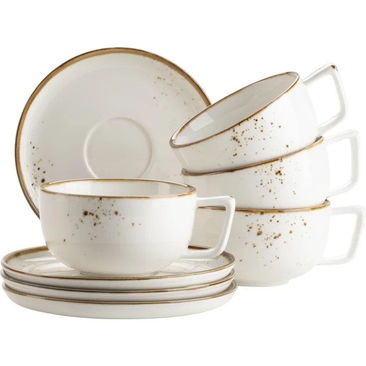 MÄSER Serie Pintar, hochwertiges Kaffetassen-Set für 4 Personen, 8-teiliges Service mit heller Glasur, visuellen braunen Sprenkeln und feinem Rand im Vintage Handmade Look, Porzellan