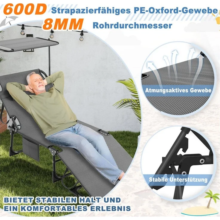 FIVMEN Gartenliege Sonnenliege Liegestuhl Garten Balkon Mit Sonnenschutz Klappbar Leicht, Terrassen Liege Mit Dach Kopfkissen Tragegriffe Seitentasche – Bild 2