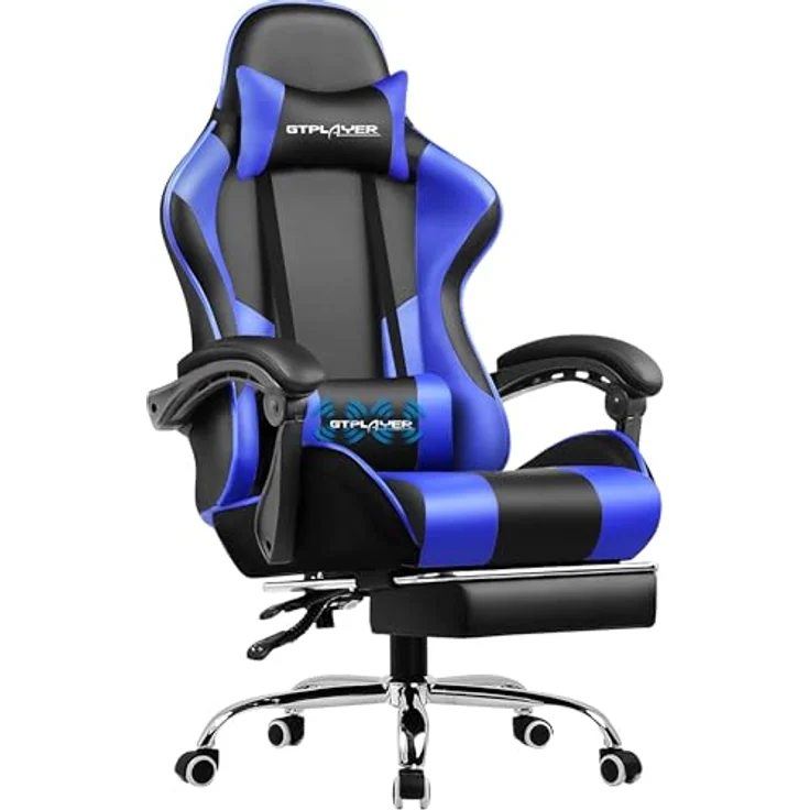 GTPLAYER Bürostuhl Gaming Stuhl Gaming Sessel Ergonomischer Gamer Stuhl mit Fußstütze, Kopfstütze Lendenkissen, Gepolstert Gaming Chair, Drehsessel Blau – Bild 2