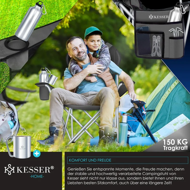 KESSER® Campingstuhl faltbar bis 150 kg Angelstuhl Faltstuhl Klappstuhl Gepolstert mit Armlehnen, Getränkehalter + Tasche mit hoher Rückenlehne, Strandstuhl, Klapphocker Anthrazit / Schwarz – Bild 6