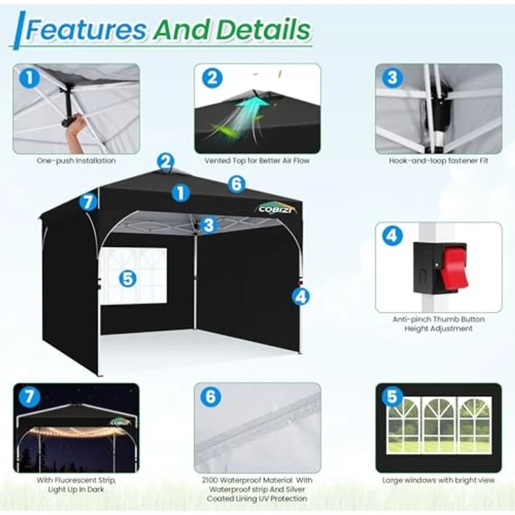 COBIZI Pavillon 3x3 Wasserdicht Stabil Winterfest Faltpavillon Gartenpavillon Partyzelt Pop Up Pavillon Klappbar UV Schutz 50+ Höhenverstellbar mit Entlüftung & 3 Stoffstücken&4 Sandsäcke， Schwarz – Bild 3
