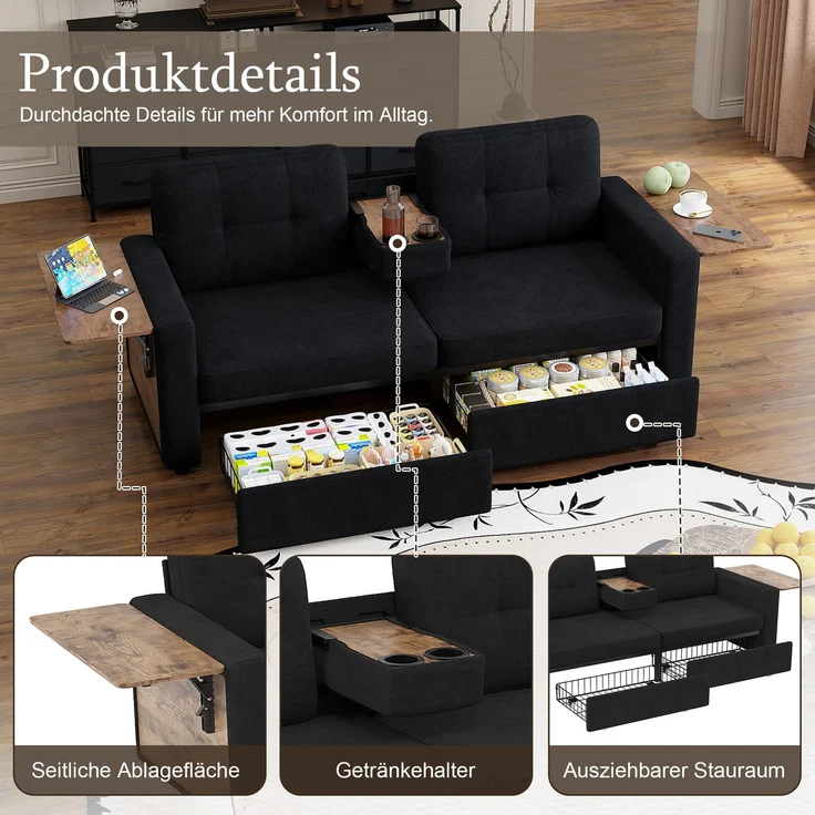 ZUBALIYA Schlafsofa 71x57.5 cm, mit Schreibtisch, mit Schubladen, mit Stauraum, mit Ablageflächen, mit Ausziehbett, Schwarz – Bild 4