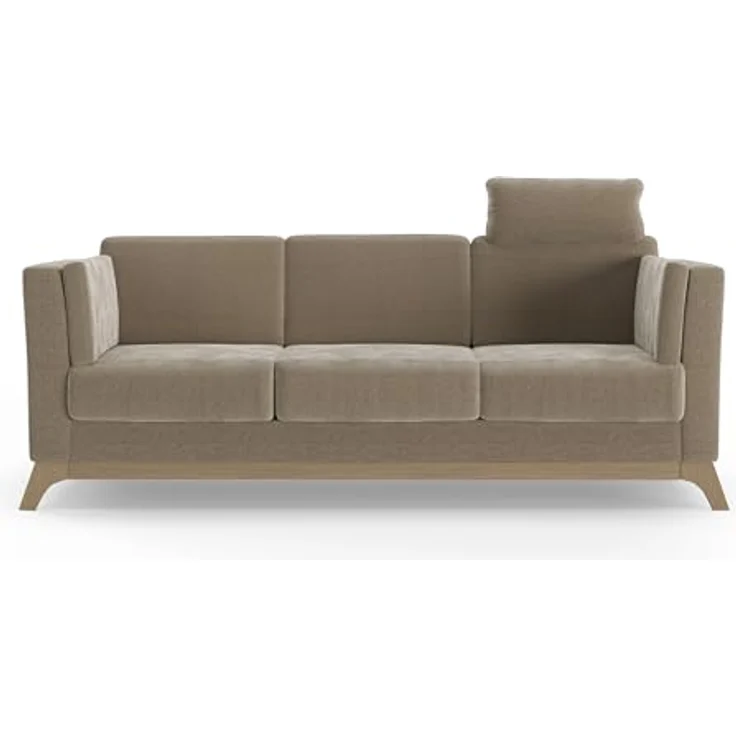 Cavadore 3er-Sofa Vida / 3-Sitzer Couch im trendigen Design mit massivem Holzrahmen in Buche, Kopfstütze mit Kuschelkissen / 213 x 84 x 93 / Mikrofaser, Perlbeige – Bild 6