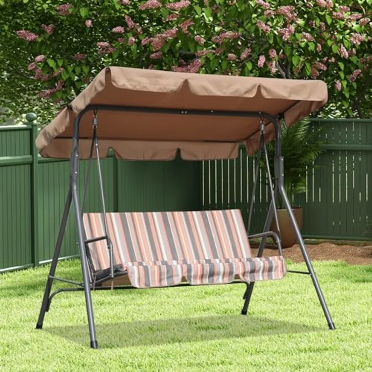 Angel Living Hollywoodschaukel Gartenschaukel 3 Sitzer, 3,00-Sitzer, Relaxfunktion, Verstellbarem Sonnendach und Abnehmbarem Kissen, 173cm x 110cm x 151cm – Bild 9