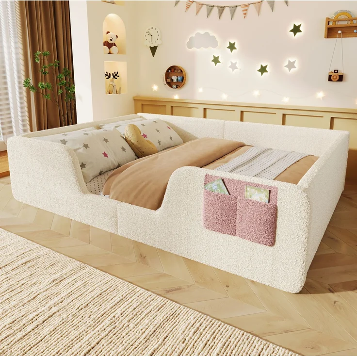 CHICFURN Polsterbett aus Samt Beige 140x190 cm mit abnehmbaren Seitengittern – Bild 2