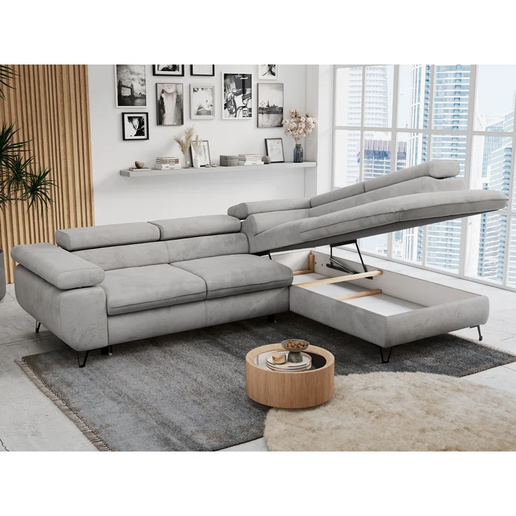 Mks Möbel 'Peter L-form' Ecksofa mit Bettfunktion, Bettkasten & einstellbaren Kopfstützen, Hellgrau, Velours, mit Topper, rechts – Bild 3