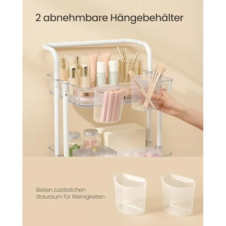 SONGMICS Rollwagen, 3 Ebenen, Servierwagen, Küchenwagen mit Griff, 2 kleine Einhängefächer, 2 Bremsen, Ablagefächer aus Kunststoff, einfacher Aufbau, Schlafzimmer, weiß-transparent BSC067W03 – Bild 3