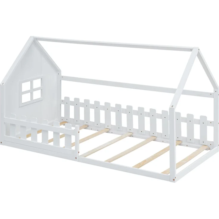 Kinderbett 90x200 cm in Hausform, Weiß Jugendbett aus Kiefer & MDF, stabiles Hausbett für Mädchenzimmer – Bild 7