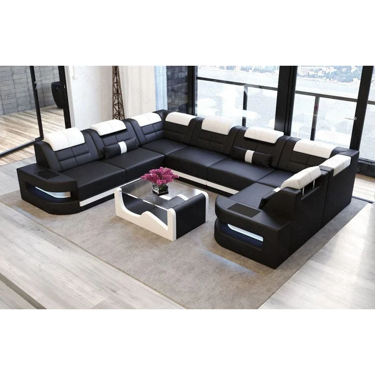Mini Wohnlandschaft Como U Form - Echtleder - schwarz-weiß - Links – Bild 2