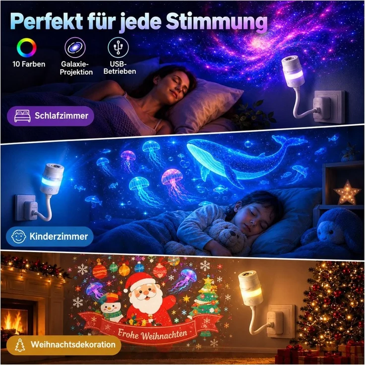 Toomoke LED Nachtlicht 2-in-1 Sternenhimmel mit 24 Motiven, Nachtlicht mit USB, Kompakte Projektionslampe für Schlafzimmer und Kinderzimmer – Bild 2