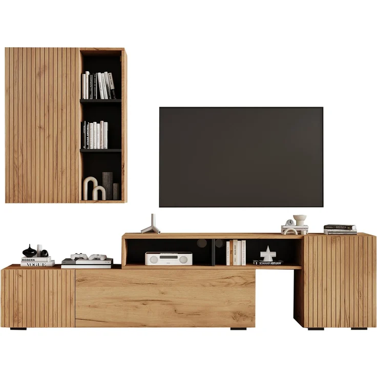 DESVIAE TV-Schrank-Set mit Wandschrank, 174-265x53,5x35 cm, Spanplatte, Eiche/Schwarz, 4 Türen – Bild 7