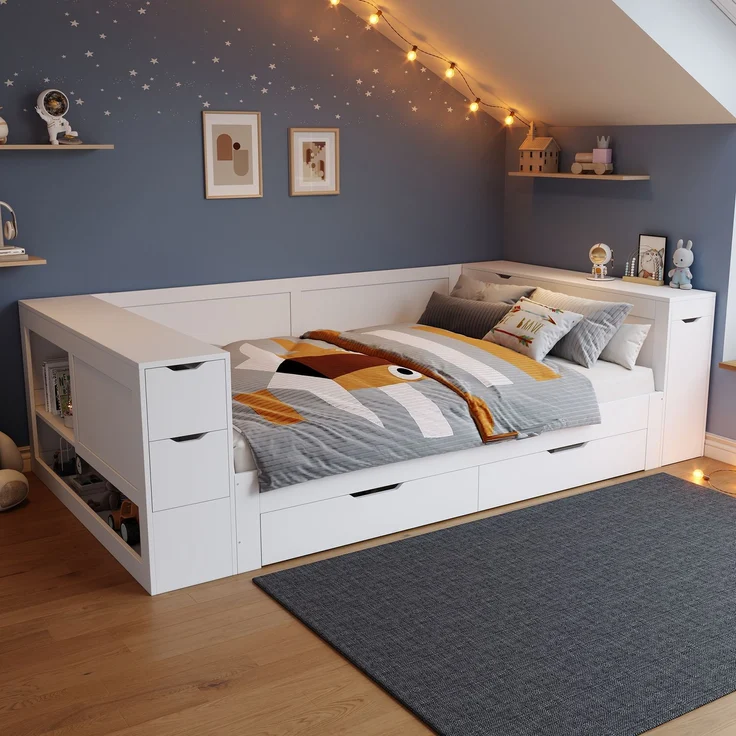 Merax Kinderbett, Daybett Stauraumbett 140x200 cm, Multifunktionales Stauraumbett mit Schubladen, Regalen und Stauschränken, mit Nachttischen, ohne Matratze, weiß – Bild 2