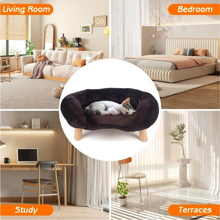 i@home Tierbett Katzensofa geräuschlose Konstruktion mit erhöhter Umrandung, Polyesterfaser, kompaktes Katzenbetten für Wohnung Wohnzimmer & Balkon 50×40×24 cm – Bild 2