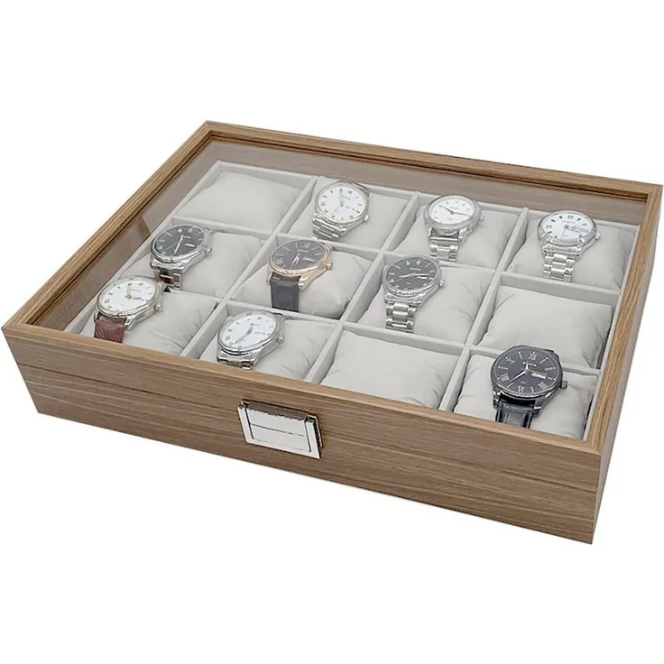 mixed24 Schmuckkasten Holz Uhrenkoffer für 12 Uhren, mit Echtglas Deckel – Bild 2