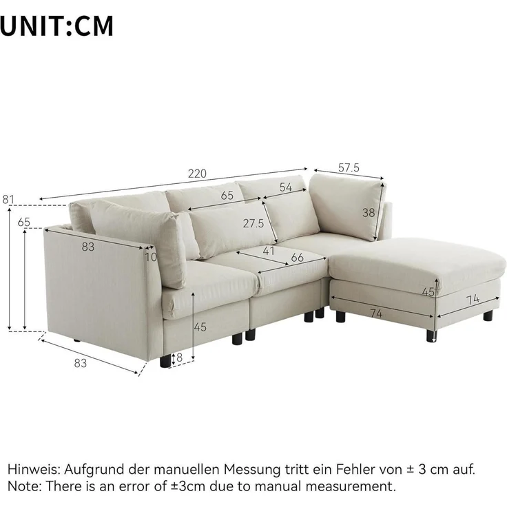 Sofa 3 Sitzer L Form Schlaffunktion Fußhocker 3 Kissen 1-beige Leinen – Bild 2