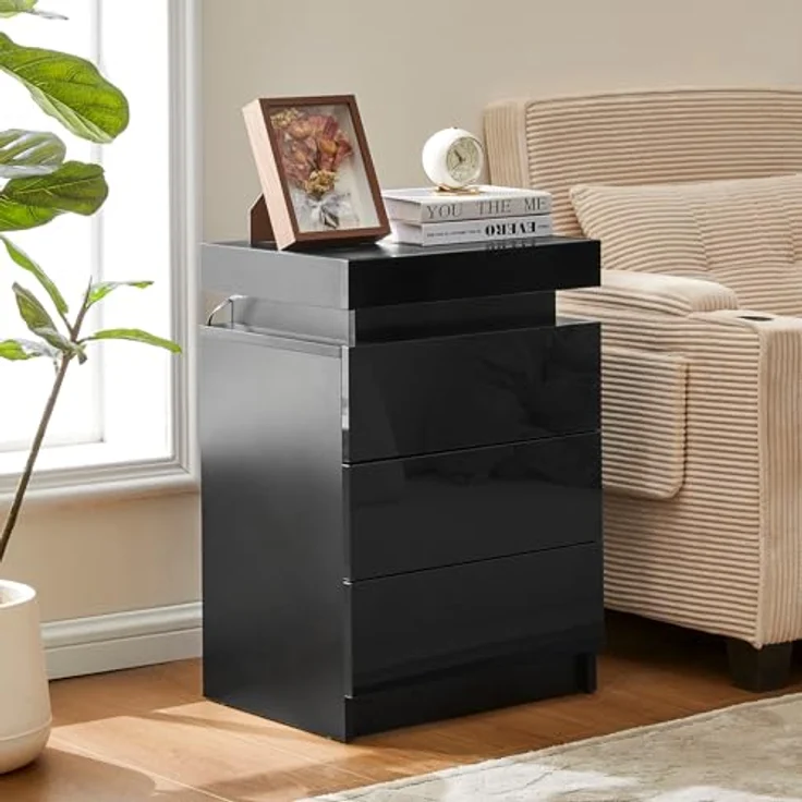 TUKAILAI Nachttisch Schwarz Hochglanz mit LED, Moderner Nachtschrank mit 3 Schubladen, 45 x 35 x 67.5 cm für Schlafzimmer, Home Office – Bild 8