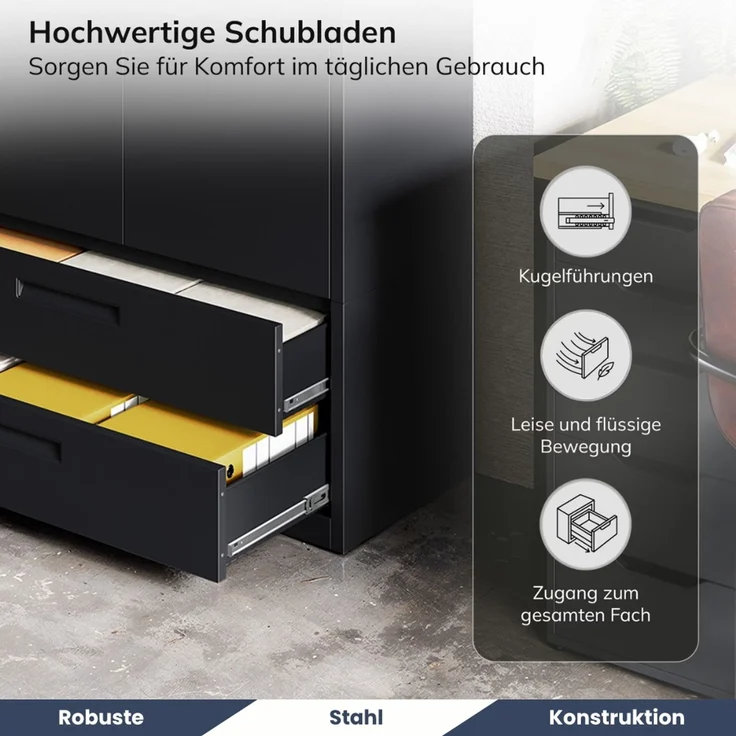Metallschrank mit Doppel-Schublade RUEL - 195x90x40cm Schwarz | Büroschrank Aktenschrank Stahlschrank Fachbodenschrank Werkstattschrank – Bild 4