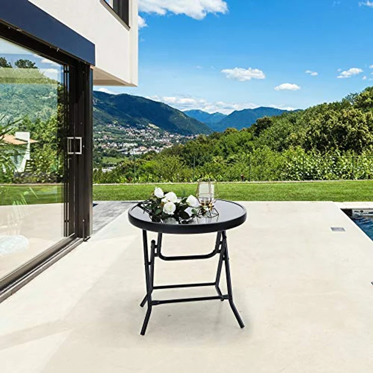 PHI VILLA Klappbar Runder Beistelltisch Glas aus Metall Gartentisch Kaffeetisch Klein Balkontisch wetterfest pflegeleicht für Balkon Garten Terrasse Wohnzimmer – Bild 8