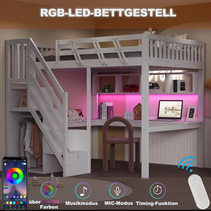 Rayofly-Massivholz Kinder Hochbett 140x200 cm, Stauraumtreppe, Schreibtisch, USB-Steckdose, LED-Licht, Jugend- und Einzelbett, H 140cm x T 200cm x B 140cm, Weiß – Bild 3
