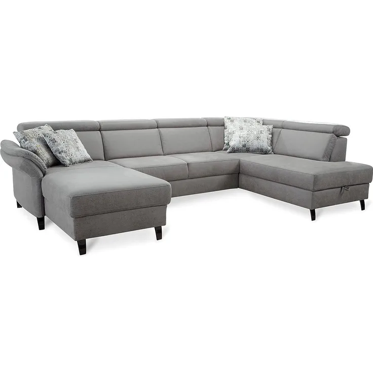 Cavadore Wohnlandschaft Ammerland mit Federkern, U-Form mit Longchair links und Ottomane rechts, inkl. Kopfteilverstellung, 317 x 84 x 193, lederoptik hellgrau