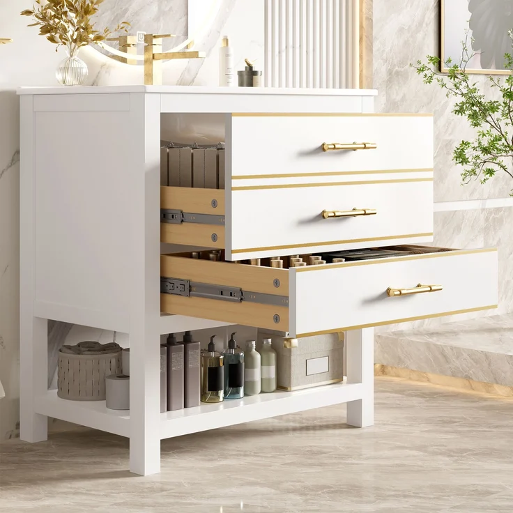 Waschtisch-Unterschrank 76 cm Weißgold mit Keramikbecken 2 Schubladen gold handhaben – Bild 4