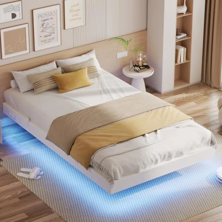 IRONCK Bettgestell 120x200 cm, Schwebender Bett mit LED Beleuchtung, Gepolsterte Seitenwände, 2 AC-Steckdosen, 2 USB-A-Anschluss, 1 USB-C-Anschluss, Metallbett mit Lattenrost Einzelbett, Weiß – Bild 1