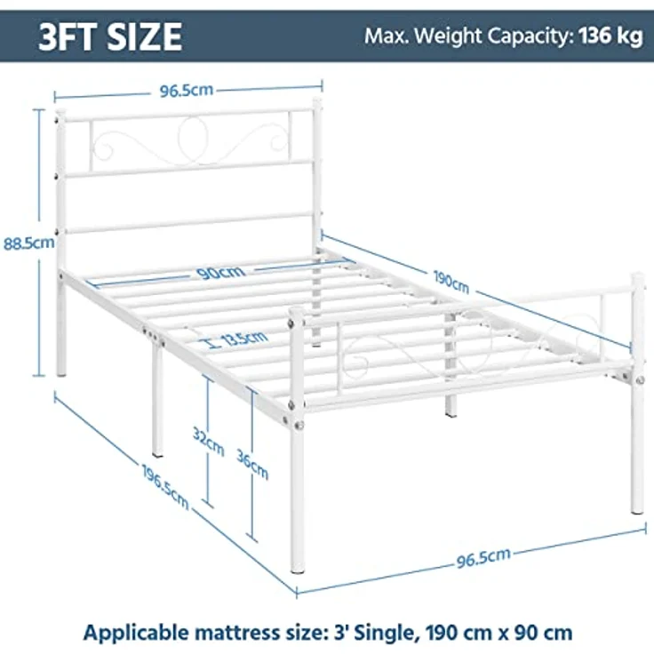 Yaheetech Bettrahmen Metallbett Bettgestell aus Metall, Einzelbett für 90x190 cm Matratze, Gästebett für kleine Räume, Weiß – Bild 3