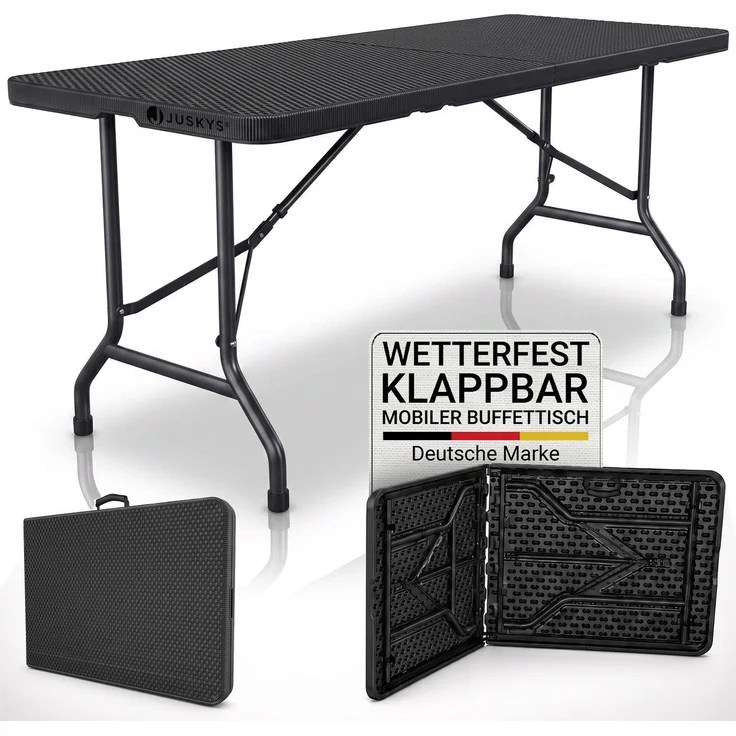 JUSKYS® Klappbarer Gartentisch Easyfold Schwarz - Wetterfester, Klapptisch mit Tragegriff, stabiler multifunktionaler Buffettisch, 180x74x74 cm, 200 kg belastbar – Bild 1