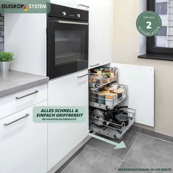 Teleskopschubladen 2er Set - für 50 cm Schrank mit Einlegeboden, aus Metall, (Chrom) – Bild 2