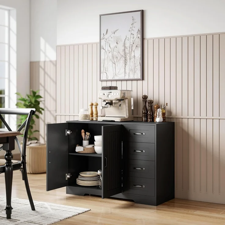 HOMCOM Sideboard Beistellschrank mit 4 Schubladen, 2 Türen, verstellbarem Einlegeboden (Aufbewahrungsschrank, 1 St, Küchenschrank), für Wohnzimmer, 105 x 40 x 76 cm, Schwarz – Bild 7